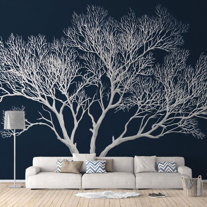 Abstract White Tree Mural Wallpaper | Modern Cyanotype Nature Art