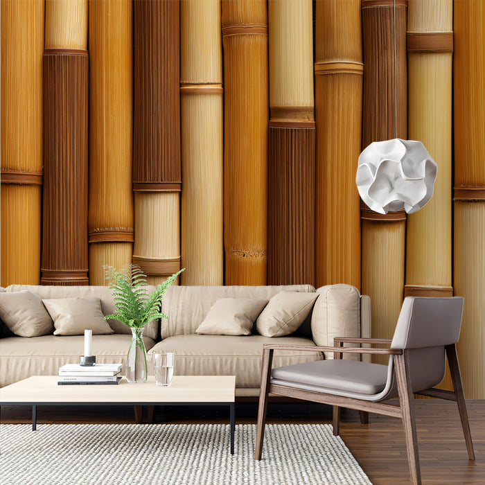 Rustic Bamboo Forest Mural Wallpaper | Natural Wood Texture in Warm Tones