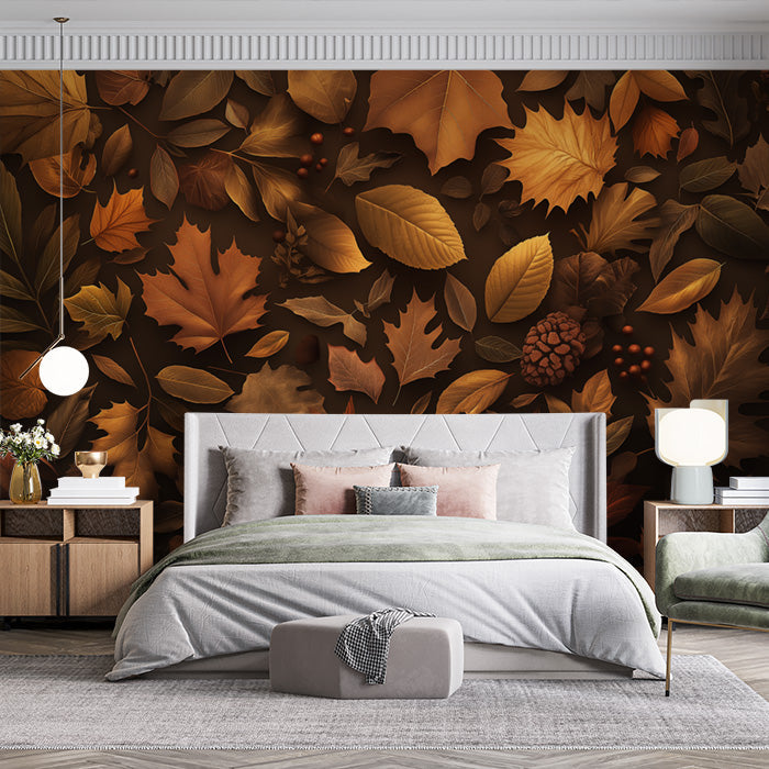 Autumn Leaves Mural Wallpaper in Bedroom | Brown, Orange, and Yellow Autumn Leaves