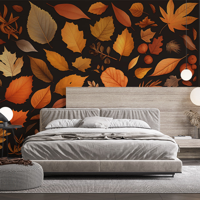 Autumn Leaves Mural Wallpaper in Bedroom | Brown, Orange, and Yellow Autumn Leaves -1