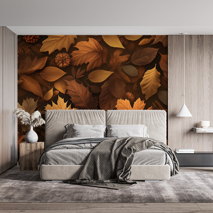 Autumn Leaves Mural Wallpaper in Bedroom | Brown, Orange, and Yellow Autumn Leaves -2