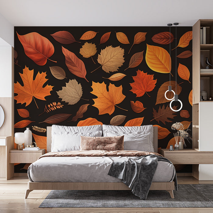 Autumn Leaves Mural Wallpaper in Bedroom | Brown, Orange, and Yellow Autumn Leaves -3