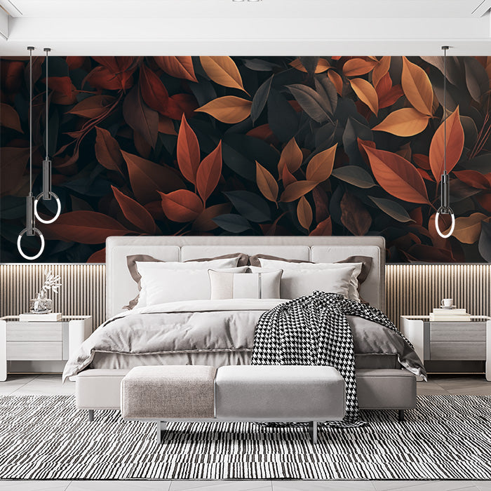Autumn Leaves Mural Wallpaper in Bedroom | Brown, Orange, and Yellow Autumn Leaves -4