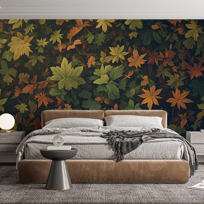 Autumn Leaves Mural Wallpaper in Bedroom | Brown, Orange, and Yellow Autumn Leaves -5