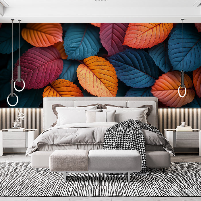 Colorful Leaf Mural Wallpaper in Bedroom | Various Colors (Orange, Blue, Purple, etc.) Leaves