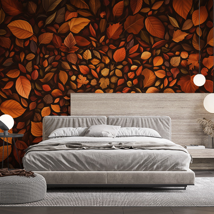 Autumn Leaves Mural Wallpaper in Bedroom | Brown, Orange, and Yellow Autumn Leaves -7