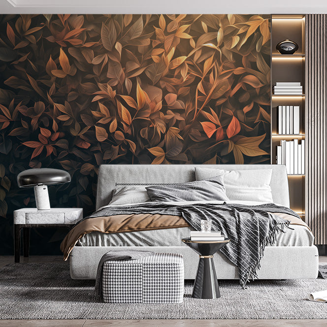 Autumn Leaf Mural Wallpaper in Bedroom | Brown, Orange, and Dark Green Autumn Leaves