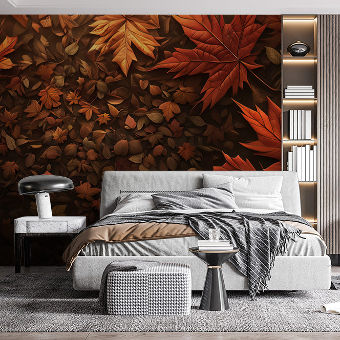 Autumn Leaf Mural Wallpaper in Bedroom | Brown, Orange, and Dark Green Autumn Leaves -1