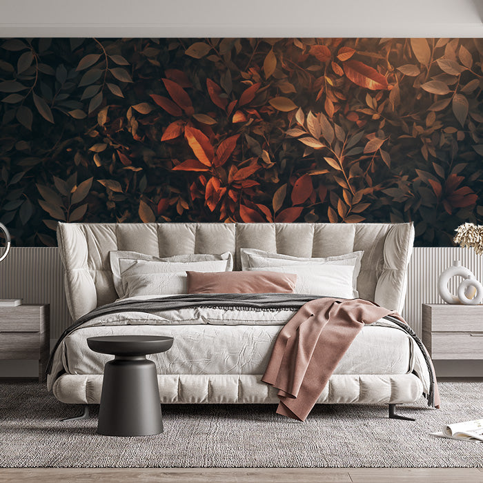 Autumn Leaf Mural Wallpaper in Bedroom | Brown, Orange, and Dark Green Autumn Leaves -2