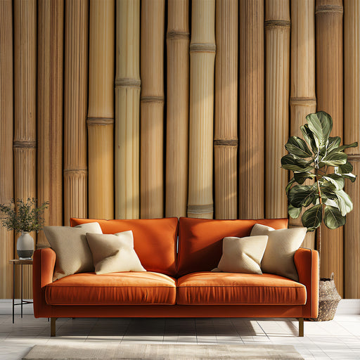 Orange sofa with decorative pillows against a bamboo wall.