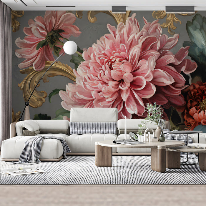 Rococo Blumen Chrysantheme Wandgemälde Tapete | Klassische Kunst mit goldenen Schnörkeln