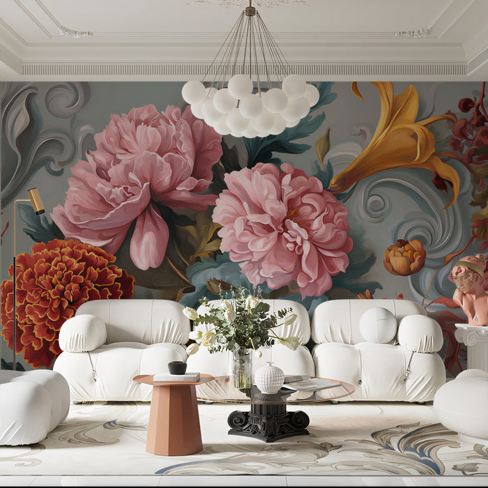 Barockes Blumen-Chrysantheme-Wandgemälde Tapete | Verschnörkelte Kunst mit goldenen Akzenten