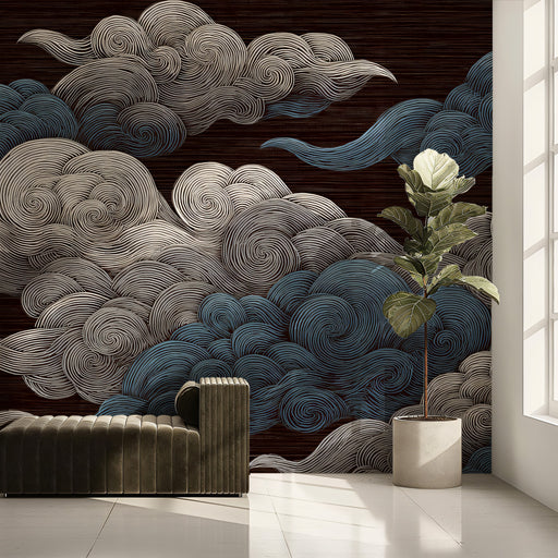 Room interior with cloud-patterned wall, modern sofa, and potted plant.