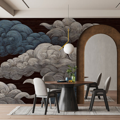 Dining area with a modern table and chairs against a decorative cloud-patterned wall.
