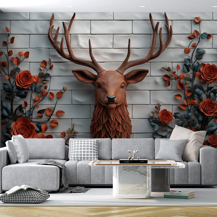 Deer and Roses Mural Wallpaper in Living Room | Brown, Orange, and Gray Deer and Roses
