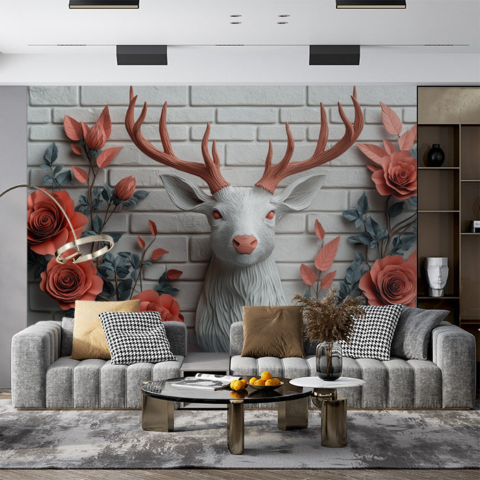 Deer and Roses Mural Wallpaper in Living Room | Brown, Orange, and Gray Deer and Roses -1