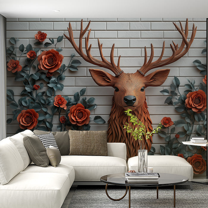 Deer and Roses Mural Wallpaper in Living Room | Brown, Orange, and Gray Deer and Roses -2