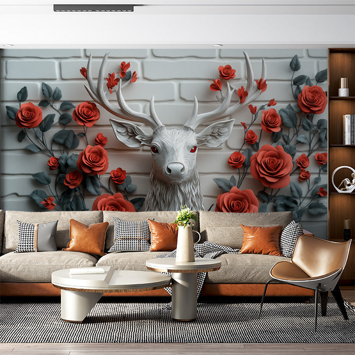 Deer and Roses Mural Wallpaper in Living Room | Brown, Orange, and Gray Deer and Roses -3