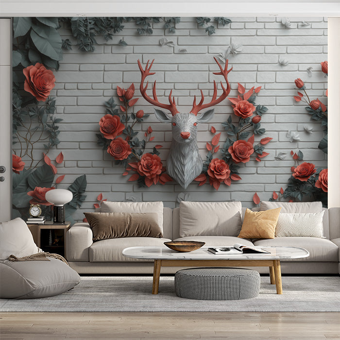 Deer and Roses Mural Wallpaper in Living Room | Brown, Orange, and Gray Deer and Roses -4