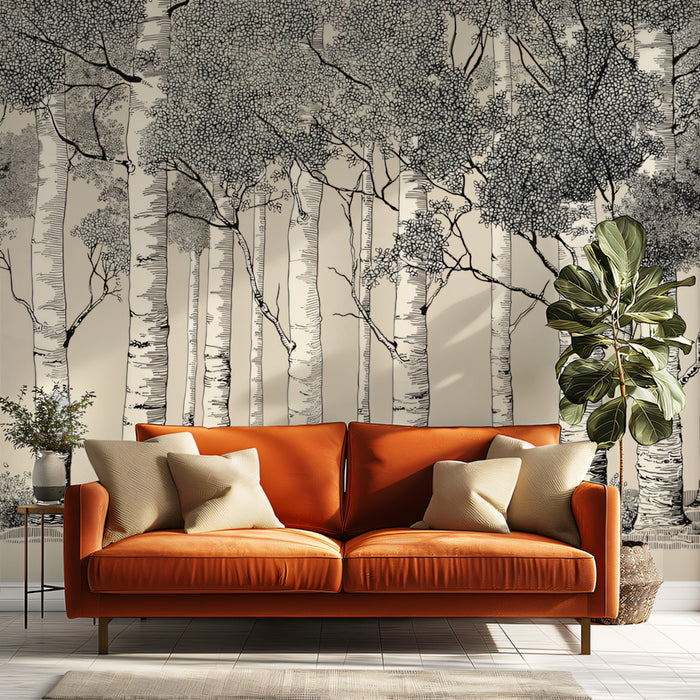 Hand-Drawn Aspen Forest Mural Wallpaper | Monochrome Woodland Scene