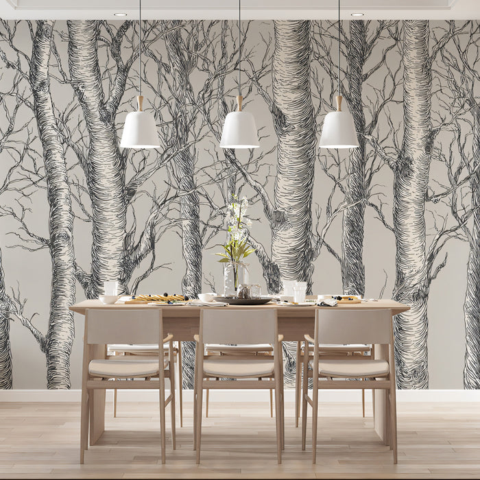 Monochrome Birch Forest Mural Wallpaper | Classic Hand-Drawn Woodland Art