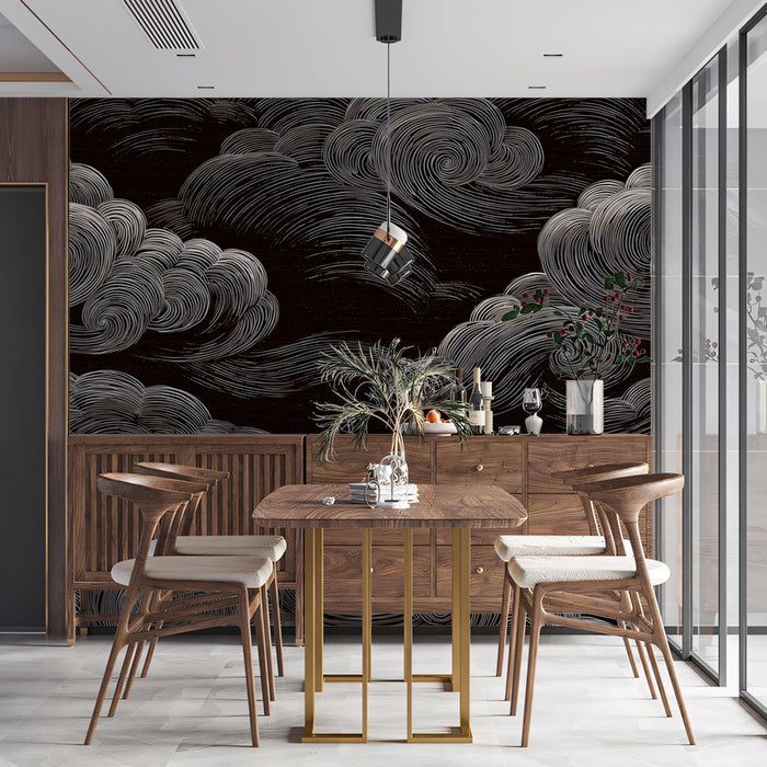 Abstract Swirling Clouds Mural Wallpaper | Moody Monochrome Sky Art