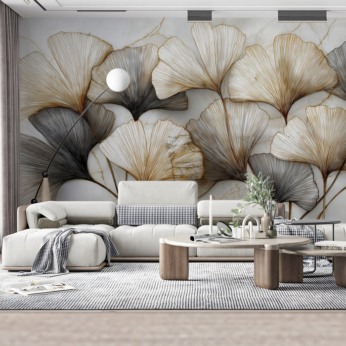 Abstract Metallic Ginkgo Leaves Mural Wallpaper | Luxurious Gold & Grey Floral Art