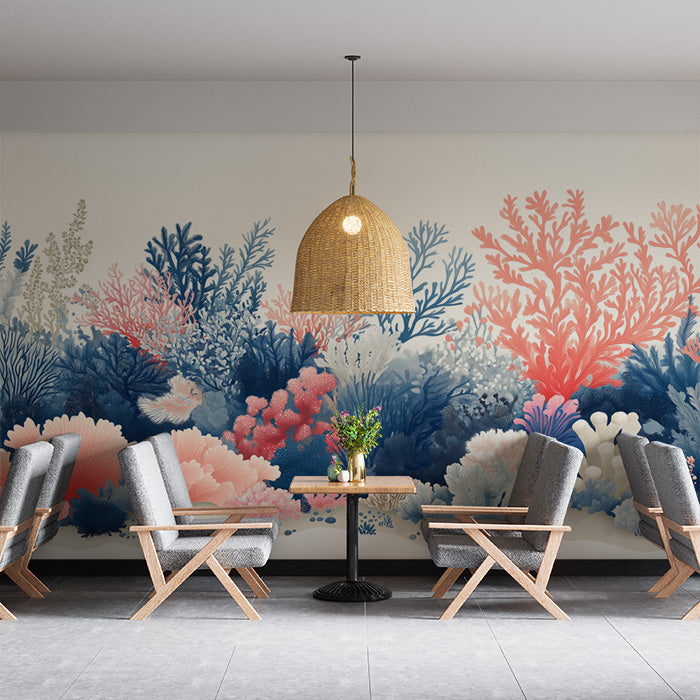 Coral Reef Mural Wallpaper in Cafe | Blue, Pink, and White Corals