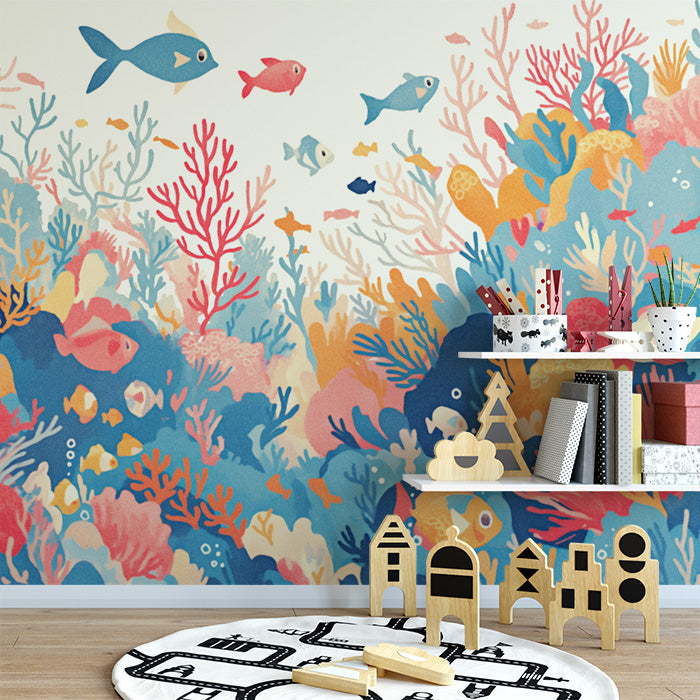 Coral Reef Mural Wallpaper in Cafe | Blue, Pink, and White Corals -4