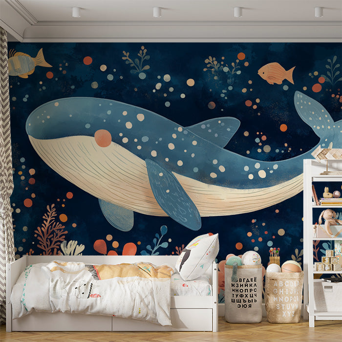 Whale and Underwater Mural Wallpaper in Child's Room | Blue, Orange, and Various Pastel Shades Whale