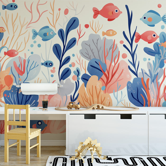 Coral Reef Mural Wallpaper in Cafe | Blue, Pink, and White Corals -5