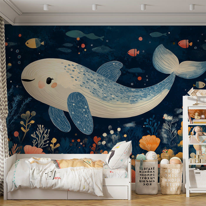 Whale and Underwater Mural Wallpaper in Child's Room | Blue, Orange, and Various Pastel Shades Whale -1
