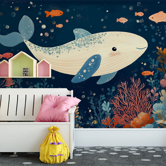 Whale and Underwater Mural Wallpaper in Child's Room | Blue, Orange, and Various Pastel Shades Whale -2