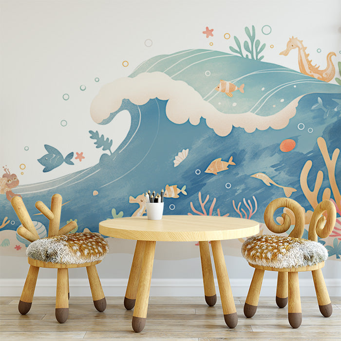 Ocean Wave and Sea Creatures Mural Wallpaper in Playroom | Blue, Green, and Various Pastel Ocean Wave