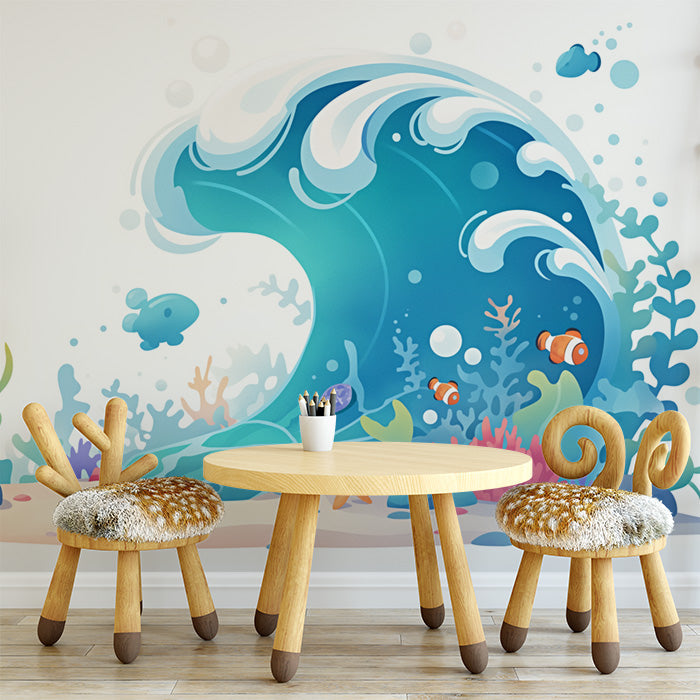Ocean Wave and Sea Creatures Mural Wallpaper in Playroom | Blue, Green, and Various Pastel Ocean Wave -1