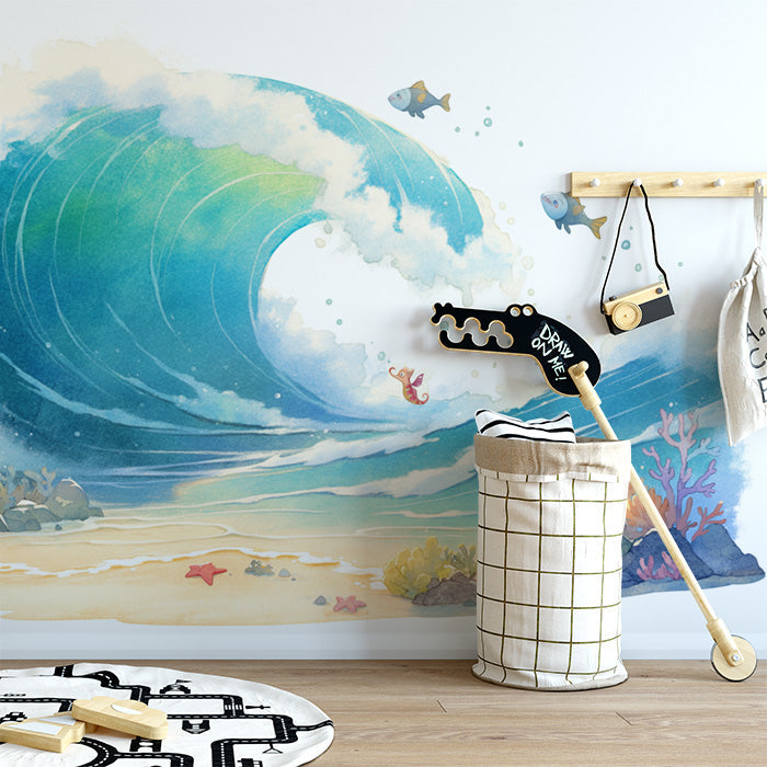 Ocean Wave and Sea Creatures Mural Wallpaper in Playroom | Blue, Green, and Various Pastel Ocean Wave -2