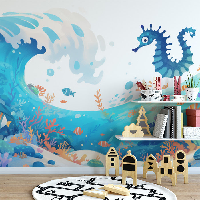 Blue Wave and Seahorse Mural Wallpaper in Playroom | Blue, Orange, and Various Pastel Wave and Seahorse