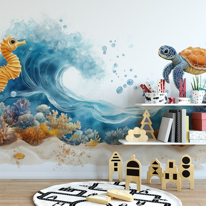 Blue Wave and Seahorse Mural Wallpaper in Playroom | Blue, Orange, and Various Pastel Wave and Seahorse -1