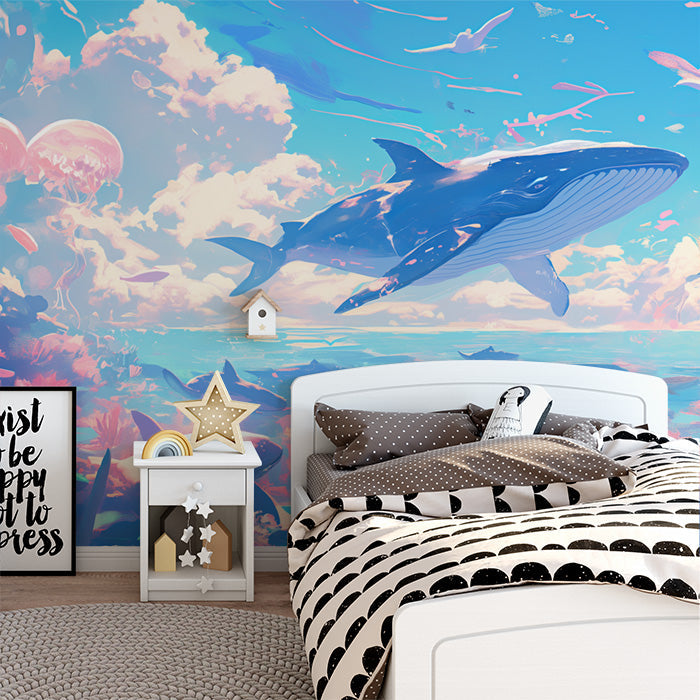 Whale and Underwater Mural Wallpaper in Child's Room | Blue, Orange, and Various Pastel Shades Whale -4
