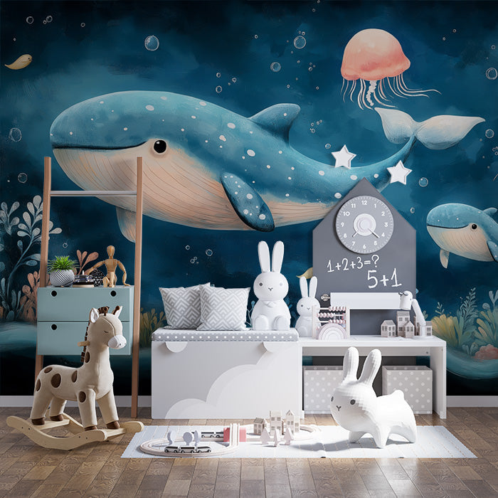 Whale and Underwater Mural Wallpaper in Child's Room | Blue, Orange, and Various Pastel Shades Whale -5