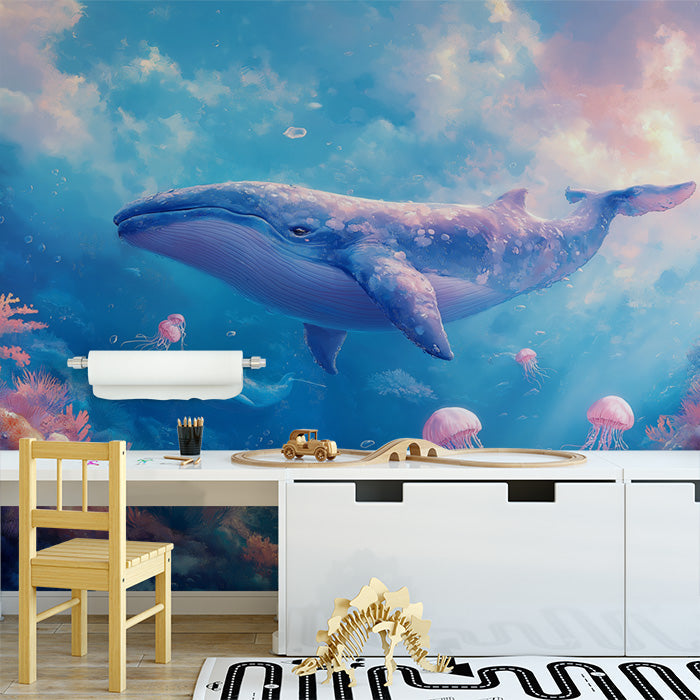 Whale and Underwater Mural Wallpaper in Child's Room | Blue, Orange, and Various Pastel Shades Whale -6
