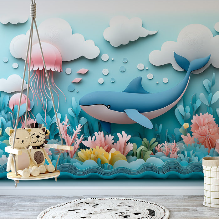Paper Art Ocean Scene Mural Wallpaper in Playroom | Blue, Pink, and Various Pastel Shades Whale