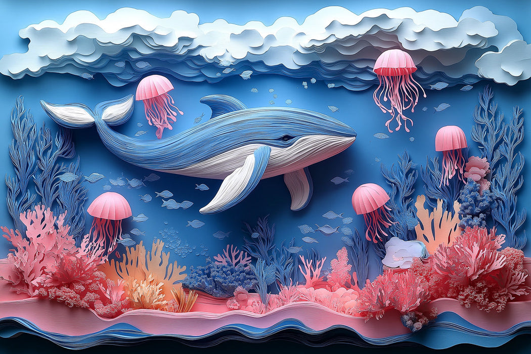 Carta da parati con scena oceanica in stile artigianale per stanza dei giochi | Blu, Rosa e vari toni pastello Balena -1