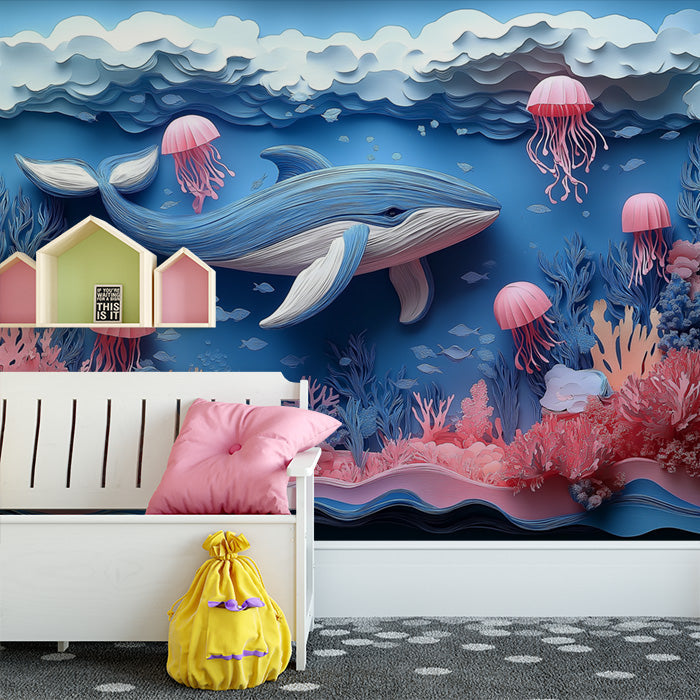 Paper Art Ocean Scene Mural Wallpaper in Playroom | Blue, Pink, and Various Pastel Shades Whale -1