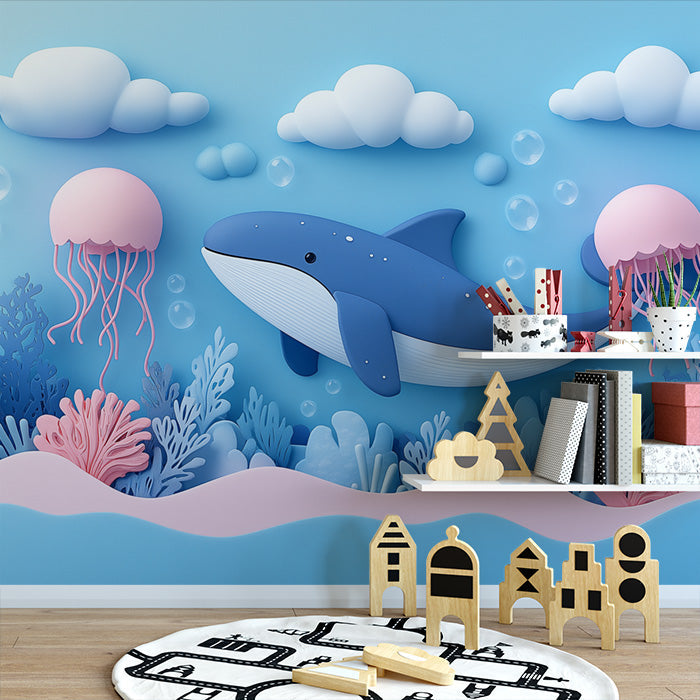 Paper Art Ocean Scene Mural Wallpaper in Playroom | Blue, Pink, and Various Pastel Shades Whale -2