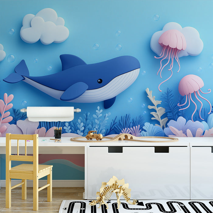 Paper Art Ocean Scene Mural Wallpaper in Playroom | Blue, Pink, and Various Pastel Shades Whale -3