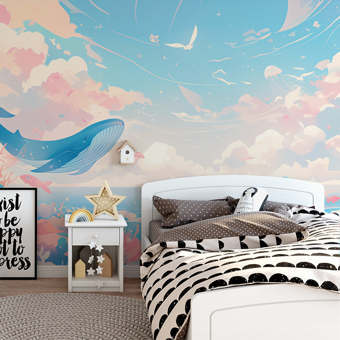 Paper Art Ocean Scene Mural Wallpaper in Playroom | Blue, Pink, and Various Pastel Shades Whale -4