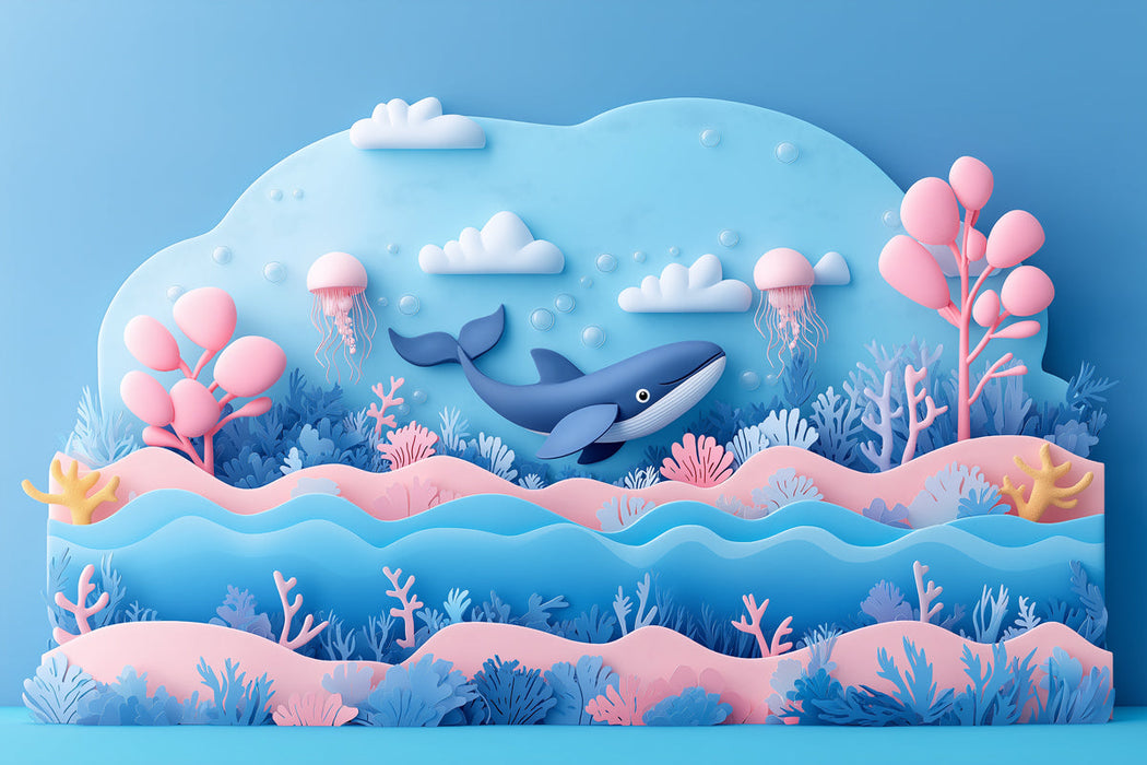 Papier peint mural avec scène océanique en papier dans la salle de jeux | Baleine bleue, rose et diverses nuances pastel -5