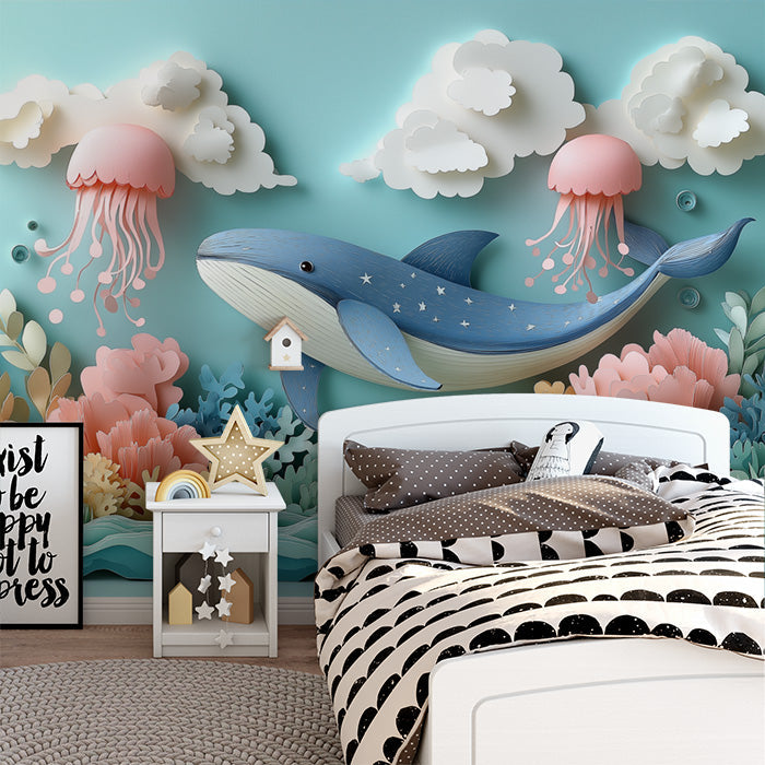 Paper Art Ocean Scene Mural Wallpaper in Playroom | Blue, Pink, and Various Pastel Shades Whale -6
