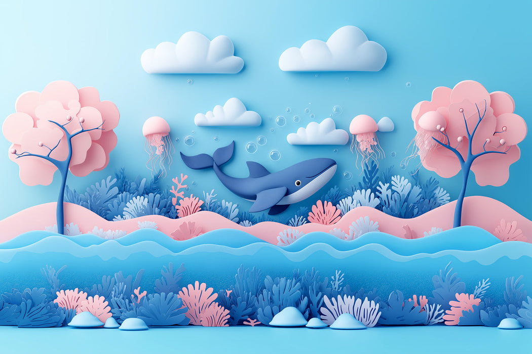 Papier peint mural représentant une scène océanique dans la salle de jeux | Baleine bleue, rose et diverses nuances pastel -7